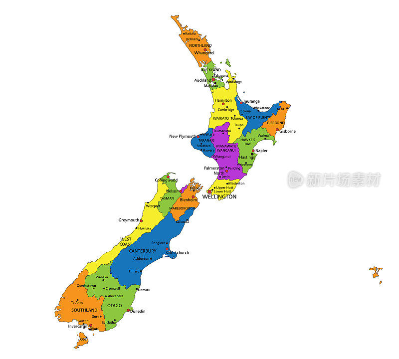 色彩丰富的新西兰政治地图，清楚地标记，分层。