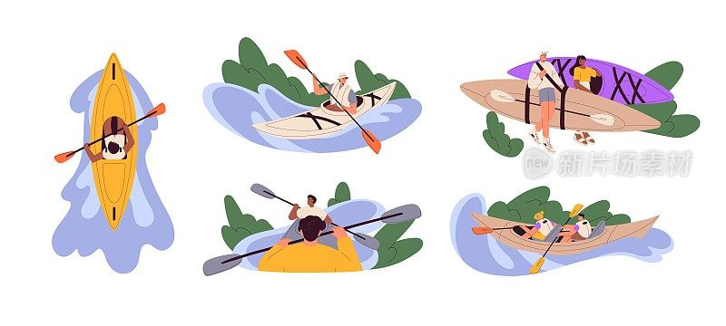 皮划艇运动。人们用桨划着小船。皮划艇的男男女女在湖上，河上。极端水活动期间的特征。平面图形矢量插图孤立在白色背景
