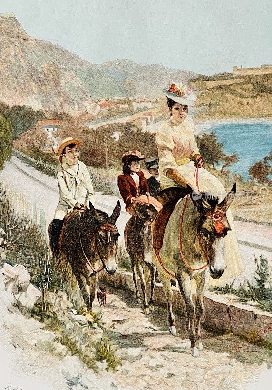 意大利里维埃拉，一家人骑着驴子