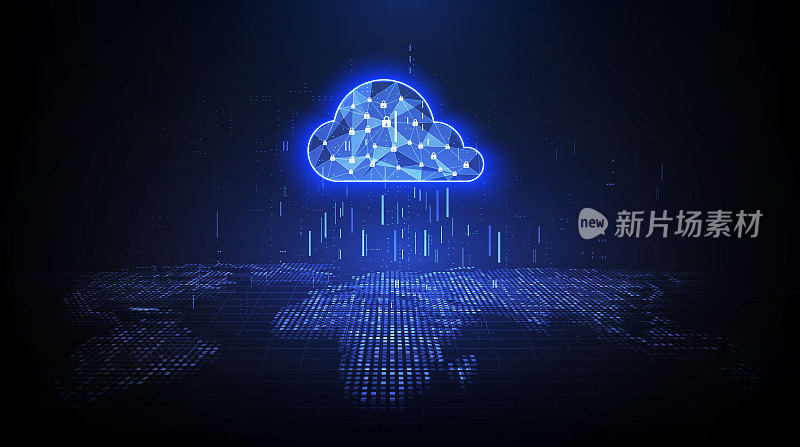 云技术。多边形线框云存储标志与上深蓝色。云计算、大数据中心、未来基础设施、数字ai概念。虚拟主机的象征