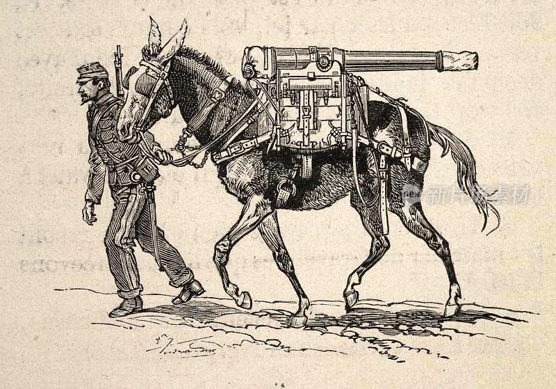维多利亚时期的军用运输车，士兵牵着骡子扛着大炮，法国陆军，19世纪90年代