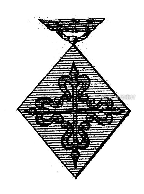 古董雕刻插图，文明:徽章的西班牙秩序卡拉特拉瓦