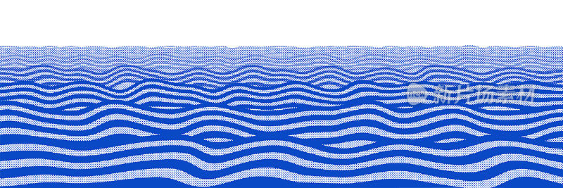 风格化的绘图海浪在海上，半色调点背景，褪色点