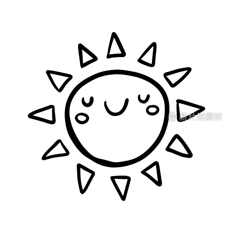 可爱的卡通手绘太阳。甜蜜矢量黑白太阳绘图。孤立的单色涂鸦在白色背景上画太阳。矢量图