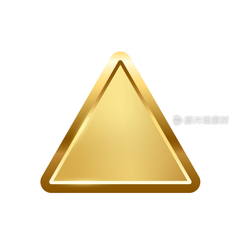 带有框架矢量插图的金三角按钮。三维金色光泽优雅设计，用于空白徽章、奖章或徽章，白色背景上孤立的板有光泽和渐变光效果