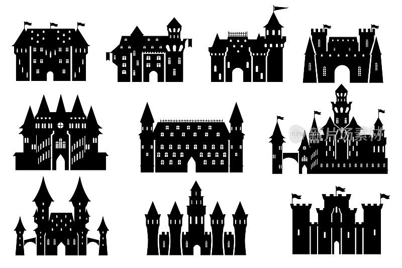城堡剪影。皇家塔外观，中世纪王国宫殿和旧堡垒模板矢量插图集