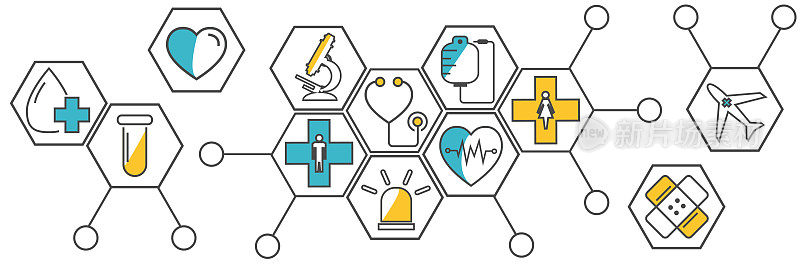 平面风格的远程医疗、保健和急救概念。医学图标设置在孤立的白色背景六边形。为web应用程序，演示文稿，打印的创意医学插图。