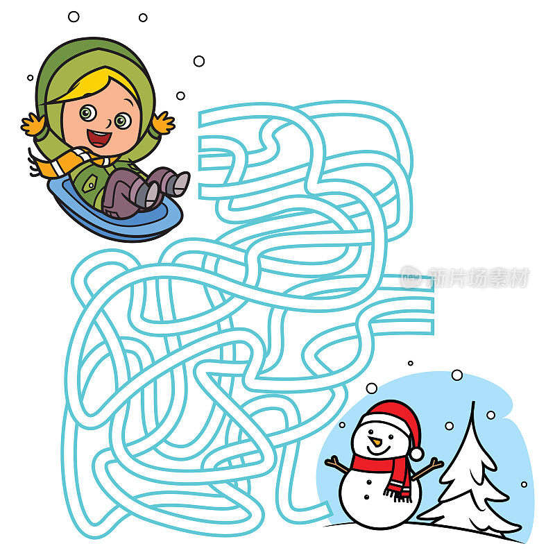 儿童迷宫游戏。冬天玩雪橇的小女孩