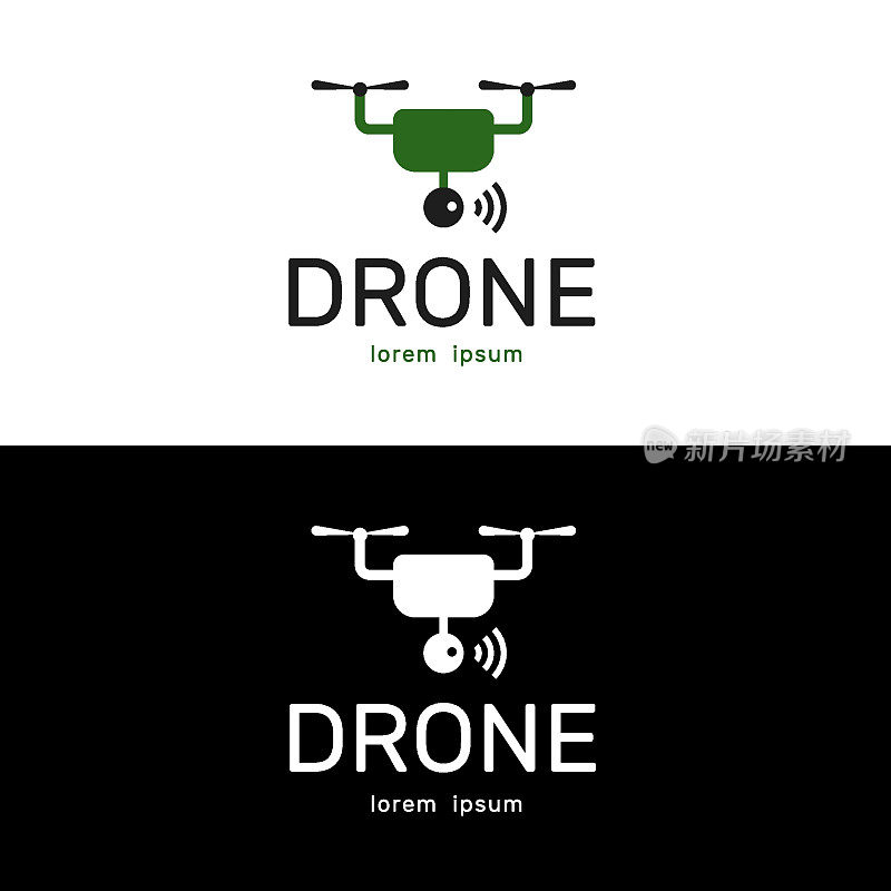无人机标识为农业，平面设计标识模板，矢量插图。一套无人机标志孤立在白色和黑色的背景