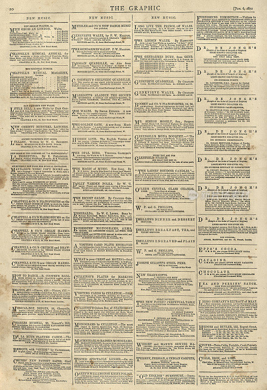 古老维多利亚时代的报纸版面，通告，广告，19世纪70年代