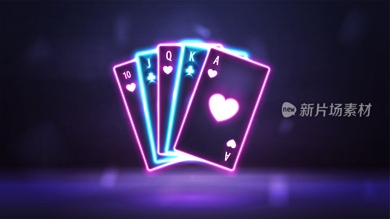 粉红和蓝色霓虹灯扑克牌在黑暗的空场景。霓虹灯赌场元素