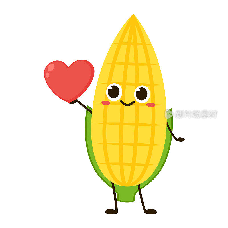 玉米卡通矢量。可爱的蔬菜矢量人物孤立在白色上。玉米的吉祥物。