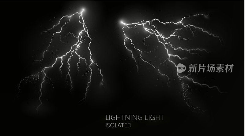 光白色孤立矢量闪电png。神奇的光抽象的线条。逼真的自然闪电效果，黑色透明背景。