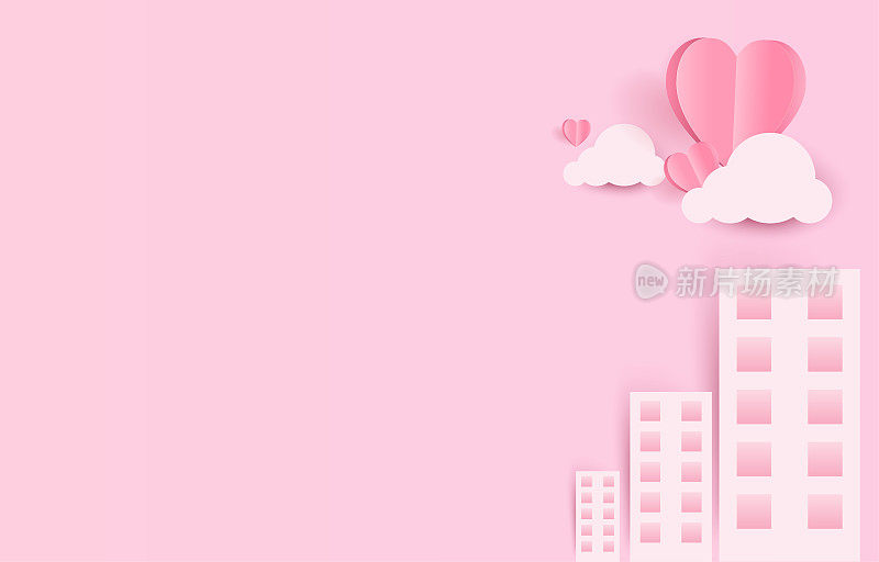 剪纸元素在粉红色和甜蜜的背景下，心与云和城市飞翔的形状。爱情矢量符号为情人节快乐，生日贺卡设计。
