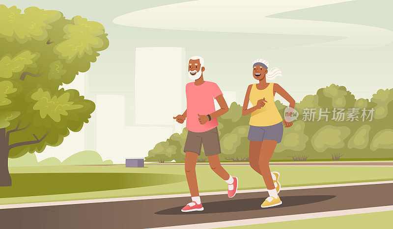 一对老夫妇在跑步。非裔美国老人在公园跑步，快乐的男人和女人做户外活动