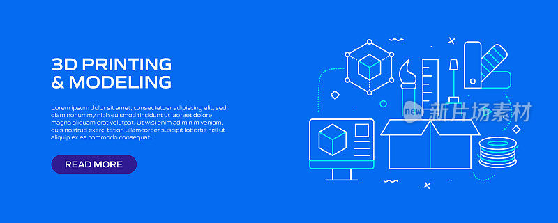 3D打印和建模相关的线条风格横幅设计网页，标题，宣传册，年度报告和书籍封面