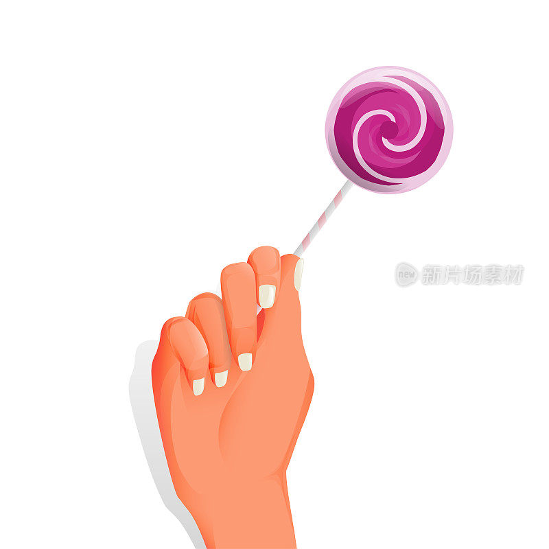 彩色的甜棒棒糖。圆形糖果棒卡通矢量插图。手持白色背景的彩色糖果