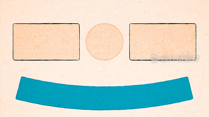 浅粉彩米色划痕粗糙的乡村垃圾质感的效果纸板像背景与一个大的弯曲蓝绿色像一个微笑和两个较小的卡其浅棕色矩形连同一个圆圈，使鼻子和眼睛的概念