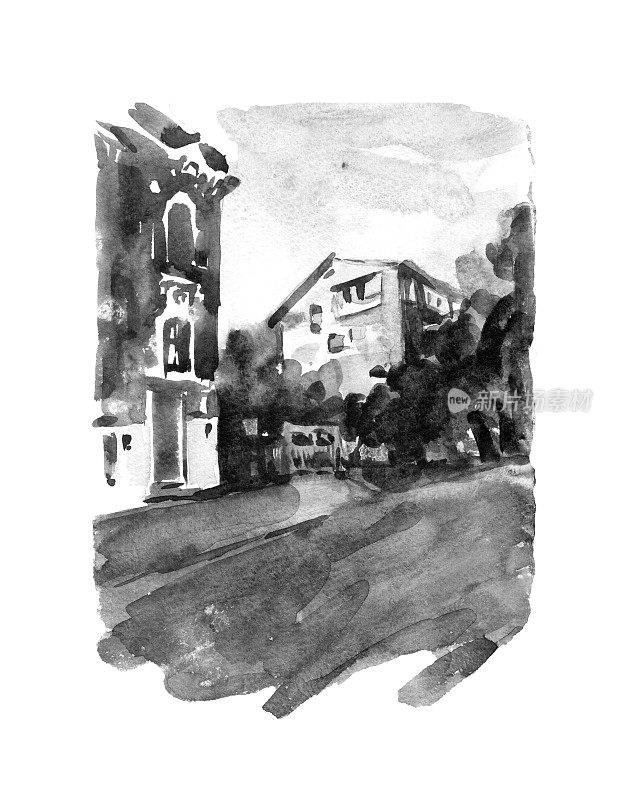 老城区街景系列。手绘水彩建筑背景与历史建筑。黑白素描