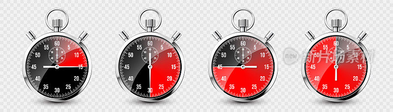 现实的经典秒表。闪亮的金属天文钟，时间计数器与拨号。红色倒计时显示分和秒。计时运动，开始和结束。矢量图