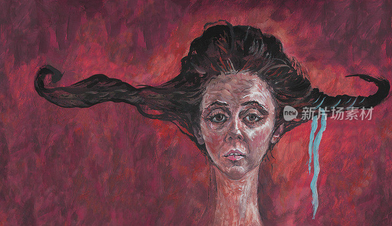 插图油画肖像的女孩与一个长脖子和黑色的长发在棕褐色的背景