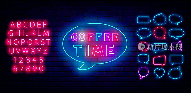 咖啡时间霓虹灯标签。语音气泡帧设置。咖啡馆、餐厅的咖啡馆广告。矢量图