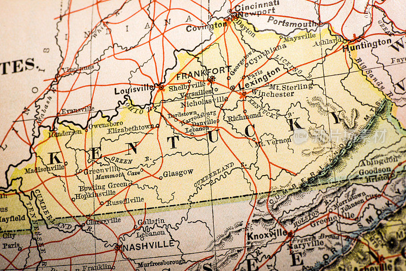 古董地图集地图宏观特写:肯塔基州