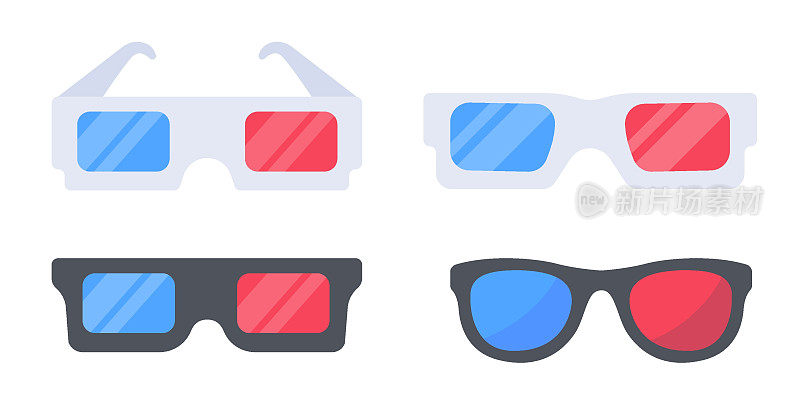 红色和蓝色镜片的3D眼镜，用于在高级影院观看电影