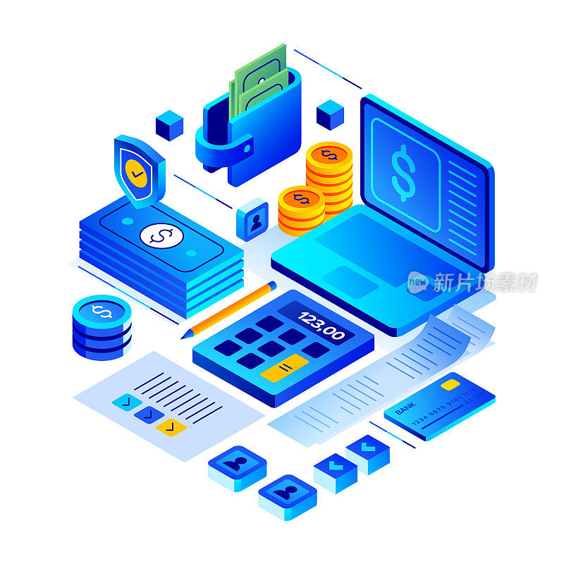 矢量插图银行和货币等距图标集和三维设计。