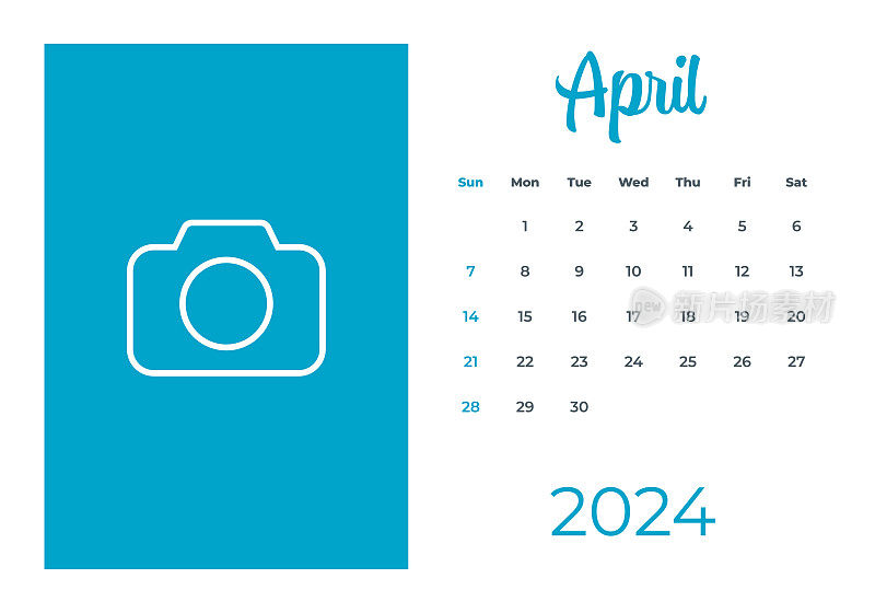2024年4月-日历与照片或插图的地方。日历矢量模板为2024年。一周从周日开始