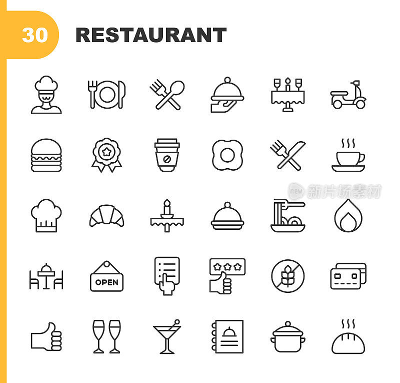 餐厅线图标。可编辑的中风。像素完美。移动和Web。包含这样的图标面包店，早餐，厨师，咖啡，送货，甜点，晚餐，饮料，食品，厨房，菜单，披萨，餐厅，评论，沙拉，牛排，寿司，服务员，葡萄酒。