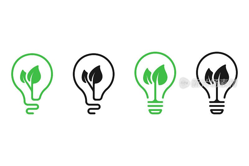 可持续能源图标。生态绿色灯泡图标集矢量设计上的白色背景。