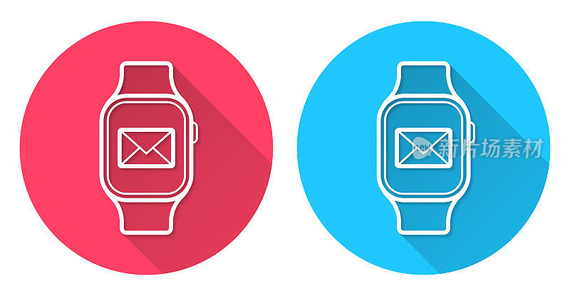 带有电子邮件信息的智能手表。圆形图标与长阴影在红色或蓝色的背景