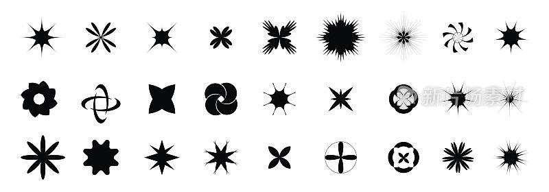 闪烁，星爆，闪烁，星爆，阳光，阳光和太阳爆图标集。Y2K设计元素。