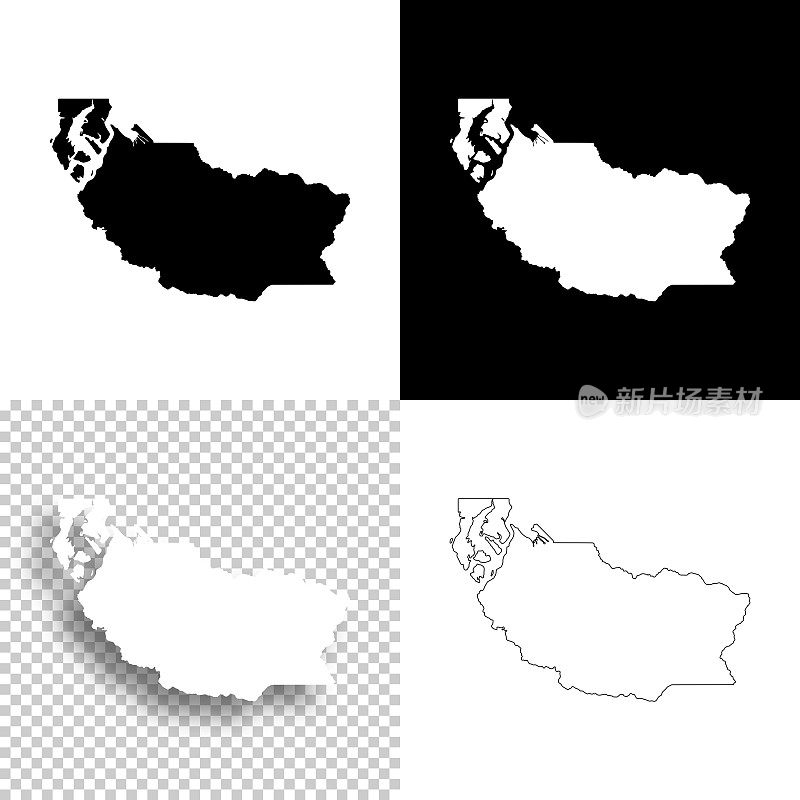 皮尔斯县，华盛顿。设计地图。空白，白色和黑色背景
