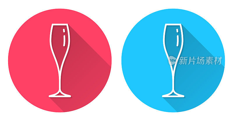 一杯香槟。圆形图标与长阴影在红色或蓝色的背景
