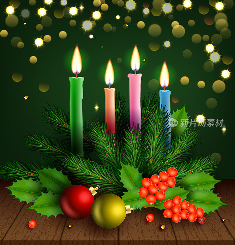 迷人的圣诞场景，蜡烛，冷杉，冬青，散景矢量插图