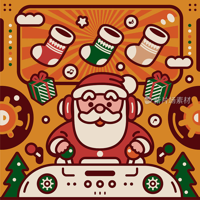 可爱的圣诞老人戴着耳机，驾驶着无限动力飞船环游世界，祝你圣诞快乐，新年快乐