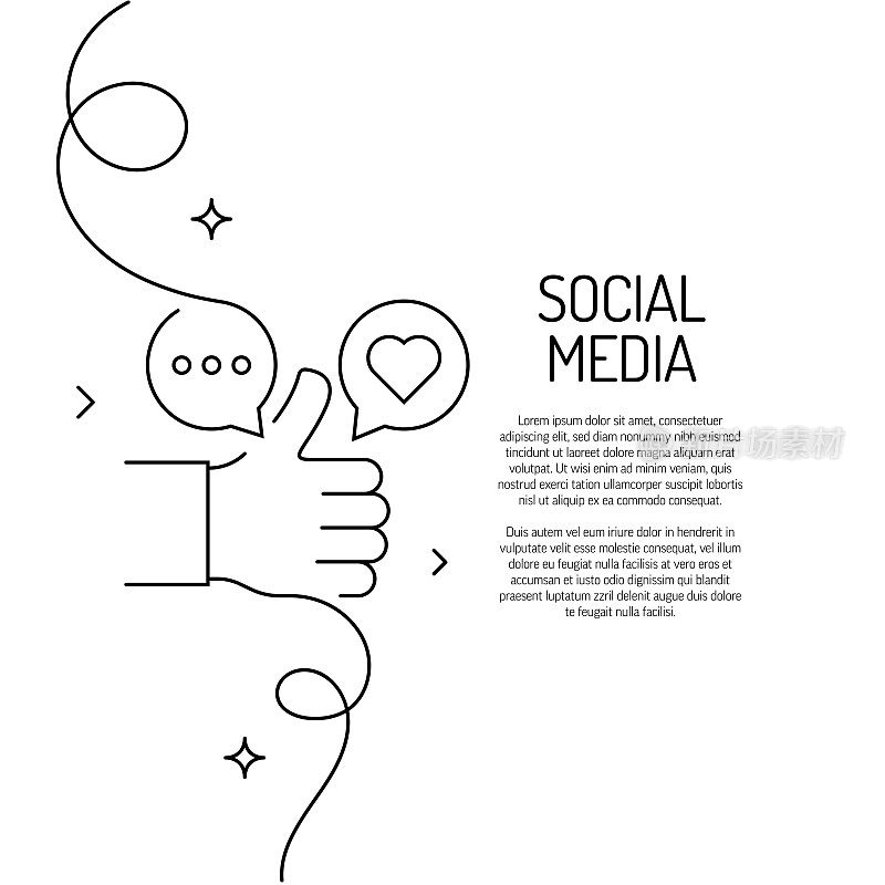 社交媒体图标的连续线条绘制。手绘符号矢量插图。