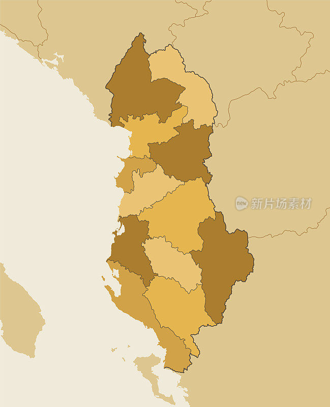 阿尔巴尼亚地区和国家边界的高详细地图