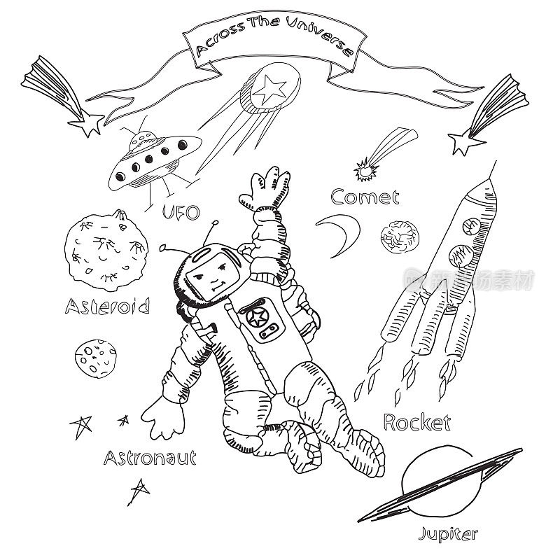一个穿着太空服的宇航员的手绘草图。