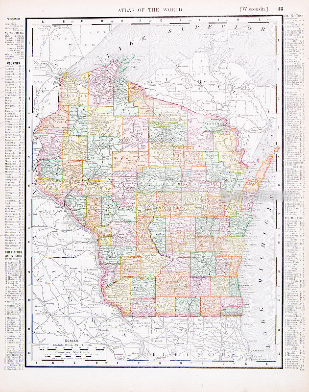 美国威斯康星州古董古董彩色地图