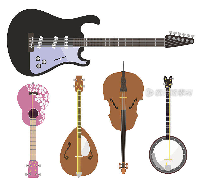 套弦乐器古典管弦乐队的艺术音响工具和声学交响木弦琴设备矢量插图