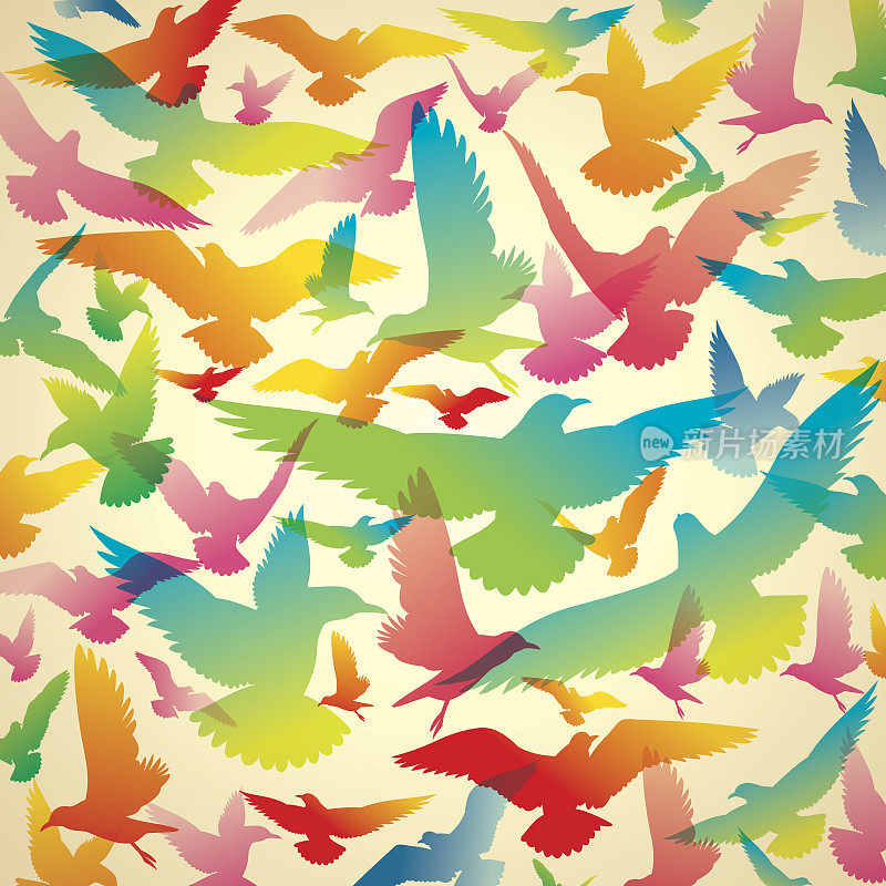 在天空中飞翔着五颜六色的小鸟。