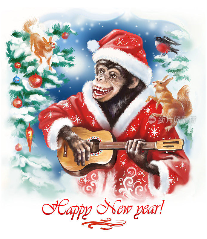 圣诞贺卡上有一只装扮成圣诞老人的猴子。