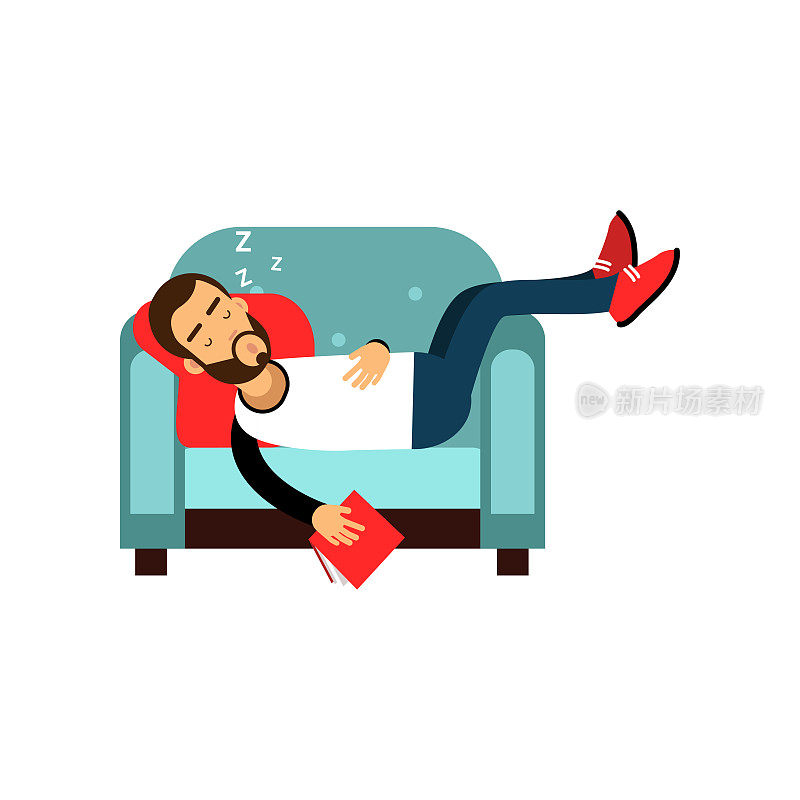 有胡子的人与书睡在扶手椅上，放松人卡通矢量插图
