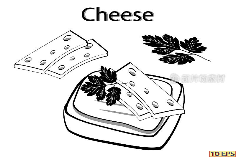 三明治配黄油，香肠，奶酪，西红柿，欧芹。黑色的图标。美味的香肠三明治。早餐吃新鲜的三明治。切片面包配香肠和奶酪。