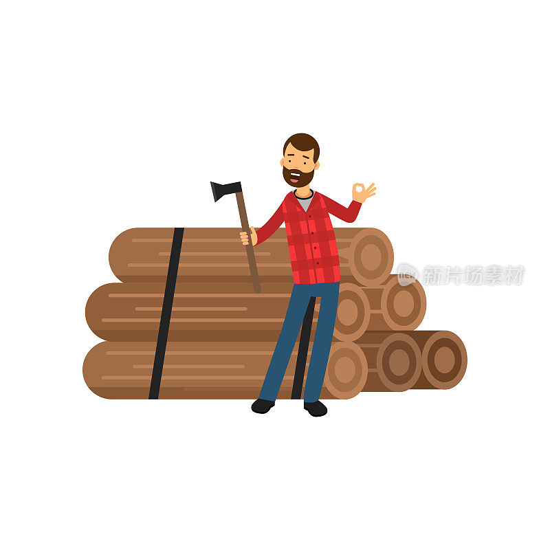 卡通扁胡子的伐木工人拿着斧头站在一堆木头旁边，另一只手显出ok的样子
