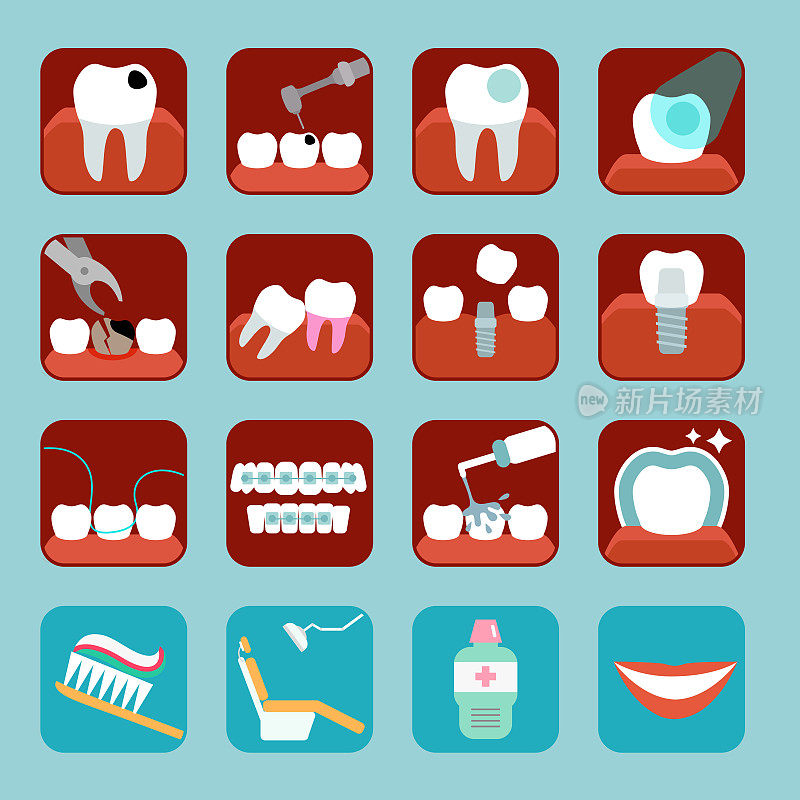 一组16个简单的图标。口腔和牙科程序的图标。Toothcare矢量图