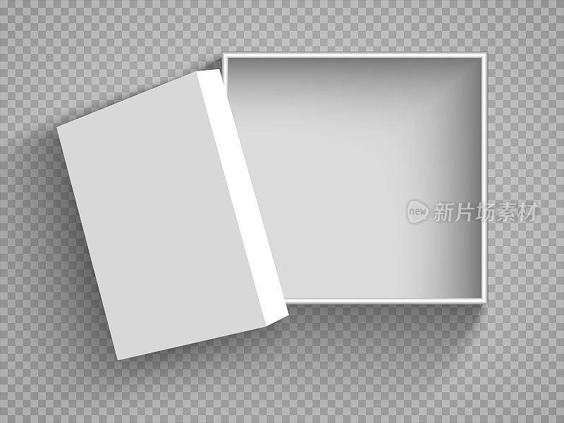 打开带有盖子的白色硬纸盒。插图孤立在透明背景上。向量EPS10